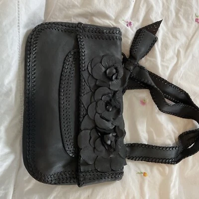 Valentino Lambskin Handbag Flowers 3-D Authentic Black Napa - Image 1 of 4