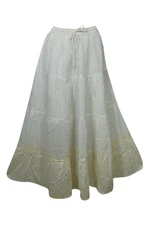 Beautiful Long Skirt Cotton White Color With Golden Embroidery Tiered Skirts ML