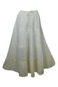 Beautiful Long Skirt Cotton White Color With Golden Embroidery Tiered Skirts ML