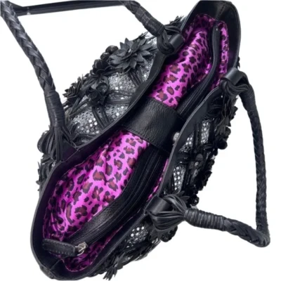 *NEW!* Beverly Feldman Leather Handbag Women's LARGE Purse Tote Black Flowers - Image 1 of 4