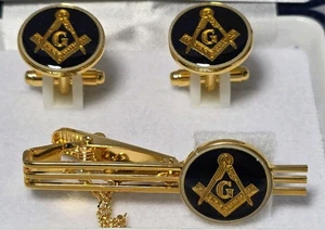 Vintage Masonic Cuff Links & Tie Tac Set Gold Tone (J2) - Picture 1 of 6