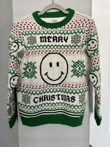 Holiday Time Boy’s Christmas Sweater Size M(8) Smiley Face Knit White Green Red - Picture 1 of 13
