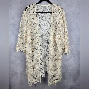 Catherine Staubtuch Strickjacke mehrfarbig beige Spitze Blumen vorne offen Größe 3X - Bild 1 von 6