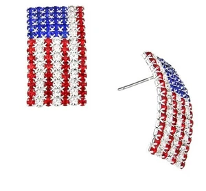 PATRIOTIC 4TH OF JULY RED WHITE & BLUE FLAG RHINESTONE SILVER TONE EARRINGS - Picture 1 of 1