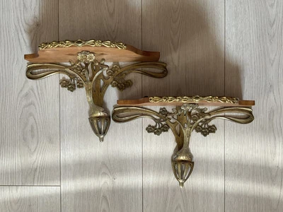 Pair of Art Nouveau Brass and Wood Shelves - Image 1 of 4
