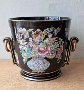 Antique English Black Chinoiserie Plant Pot, Pottery Cache Pot, Planter - Picture 1 of 13