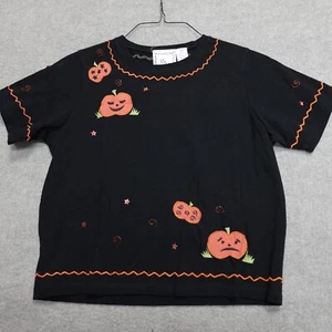 Vintage Michael Simon Top Medium Black Halloween Pumpkins Ugly Double Sided - Picture 1 of 8