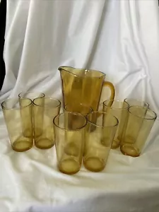 Vintage Set Amber Glass Pitcher Ribbed With 9 Juice glasses Hazel Atlas 1960s - Picture 1 of 9