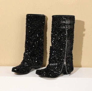 Glitter Sequin Clubwear Party Boots Womens Block Heel Pull On Knee High Boots Sz - Picture 1 of 29