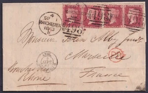 1863 1d Rose-Red SG40 LJ-LK + KJ-KK Manchester to Marseil1e With Contents FU - Picture 1 of 2