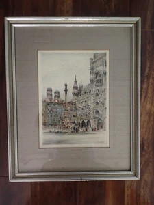 Paul Geissler Art Original Pencil Signed Colored Etching "Munchen" Matted Framed - Picture 1 of 8