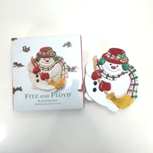 Vintage 2000 Fitz & Floyd Plaid Christmas Snowman Canape Plate 9-5/8" X 9" Used - Picture 1 of 5