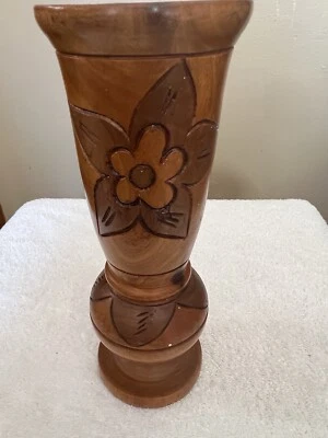 Hand Carved Two Tone Wooden Etched Beautiful Flower Vase - Image 1 of 4