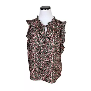 NWT BB Dakota Steve Madden Floral Ruffle Tie Neck Cotton Blouse Black Pink XXL - Picture 1 of 7