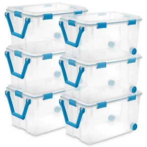 Sterilite 120Qt Clear Plastic Wheeled Storage Bin w/ Gasket Latch Lid, (6 Pack) - Picture 1 of 12