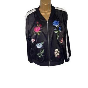 CR by Cynthia Rowley Floral Embroidered Satin Bomber Jacket Zip Front Black M - Bild 1 von 7