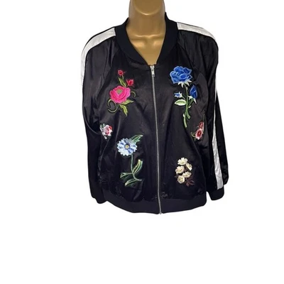 Chaqueta Bomber CR by Cynthia Rowley Floral Bordada Satén Cremallera Frontal Negra M Foto 1 de 4
