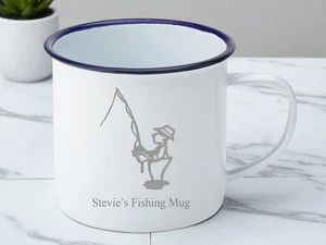 Personalised Fishing Enamel Camping Mug 13.5oz Engraved White Blue Rim - Picture 1 of 2