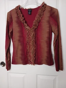 INC Womens XL Textured Ruffled Threaded Long Sleeve V Neck  FALL colors Y2K  Boh - Picture 1 of 8