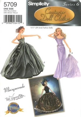 Simplicity 5709 Masquerade-Style Evening Gowns for 15.5" Dolls UNCUT Pattern - Image 1 of 4