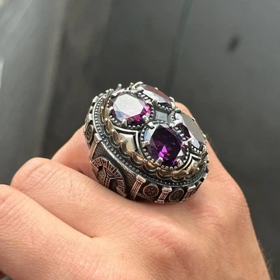 Anillo grande hecho a mano de plata amatista 925 para hombre Foto 1 de 4