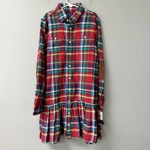 Polo Ralph Lauren Youth Girls Flannel Red Plaid Shirt Dress Ruffel Hem Size 12 - Picture 1 of 7