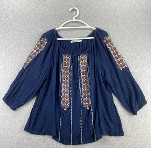 Solitaire 3X marineblau bestickt Boho Bauern Top 3/4 Ärmel Bindekragen Viskose Bluse - Bild 1 von 8