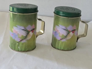 Vintage Metal Tin Hummingbird & FLowers Green Salt and Pepper Shakers - Picture 1 of 10