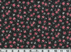 1 Yard Fabric Floral Pink Flowers On Black Cotton 44" Wide Vintage 1960s 70s - Picture 1 of 1