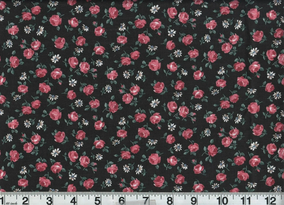 1 Yard Fabric Floral Pink Flowers On Black Cotton 44" Wide Vintage 1960s 70s - Image 1 of 1