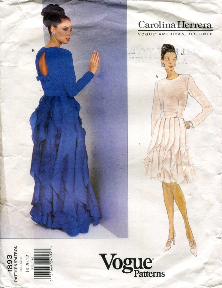 Vogue American Designer Pattern 1893 Carolina Herrera Misses' Dress 18-20-22 - Image 1 of 1