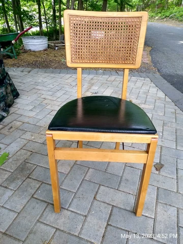 Stakmore Folding Chair Cane Back Wood Frame Vinyl Seat Mid Century Modern VGC Cover