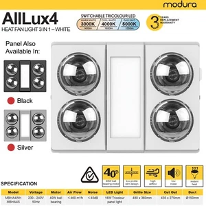 Modura AllLux4 Bathroom 3-in-1 Heater Fan Exhaust 16W Tricolour LED Panel 4x275W - Picture 1 of 12