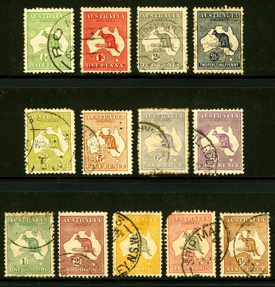 Australia #1/#13, #121 1/2c - 10/1913 Kangaroo Mini-Set Most F-VF, Used 13 Items - Image 1 of 1