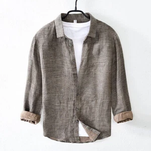 100% Pure Linen Shirt Men's Long Sleeved Casual Foldable Collar Top Shirts - Picture 1 of 27