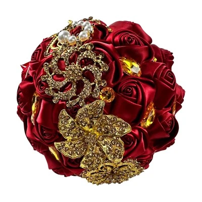 Luxury Red / gold accent Bridal Wedding Bouquet Satin Rose Rhinestone - Image 1 of 4