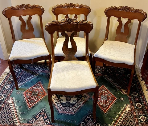 Set Of 4 Vintage Duncan Phyfe Dining Chairs Rare Carved Rose & Harp Back Wood Cover