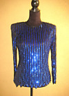 Vintage Stenay blue sequins black beads back zip pad shoulder silk evening top S