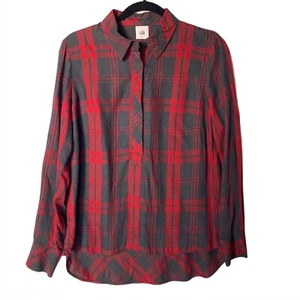 Cabi Cunningham 3587 Women's Size Small Red Gray Plaid Collar Henley Top Blouse - Picture 1 of 3