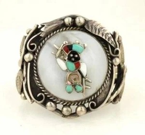 Black Apache Gaan Dancer Zuni signed Sterling & gem inlay Cuff 6 3/8" wearable - Picture 1 of 10