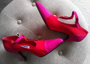 Moschino pumps heels t-strap shoes 37 pink orange-red fabric uppers used VINTAGE - Picture 1 of 24