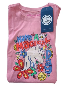 Life Is Good SS Shirt Crusher Tee MAGICAL DAY UNICORN Flower Chest31in Girls M - Picture 1 of 6