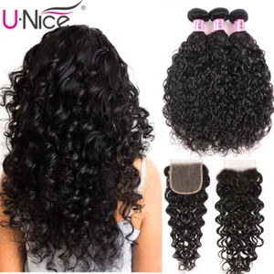 UNice Indian Water Wave Human Hair Extensions  3 Bundles With Lace Closure Weave - Picture 1 of 12