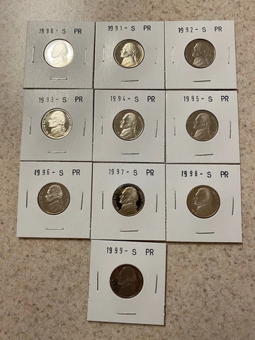 1990 TO 1999 S PROOF JEFFERSON NICKEL 10 COIN RUN DECADE SET Cover