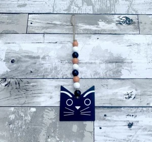 Schwarze Katze Orange Schwarz Weiß Holz Perlen Anhänger Girlande Boho Quaste Quasten Rost - Bild 1 von 2