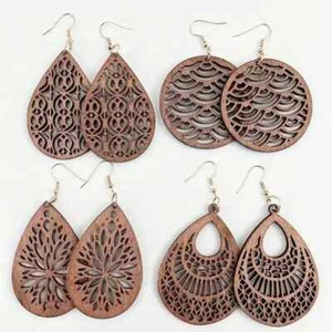 Boho Teardrop or Round Shape Wooden Dangle Earrings (B72) * - Picture 1 of 10