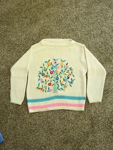 True VINTAGE 70's Acrylic Sweater MOD Tree of Yarn Embroidered Flowers - Picture 1 of 5