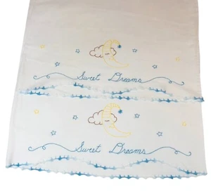 Vtg Embroidered Cotton Pillowcases Sweet Dreams Moon Blue Crochet Trim Set of 2 - Picture 1 of 16