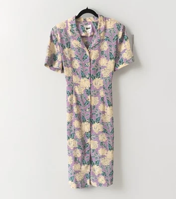 Vintage Leslie Fay Button Down Belted Dress Shirt Floral Purple Women’s Size 14  - Image 1 of 4