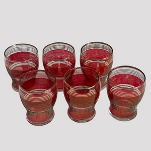 Cranberry Red & Gold Shot Liqueur Glass Set Of 6 Vintage Retro Striped MCM - Picture 1 of 9